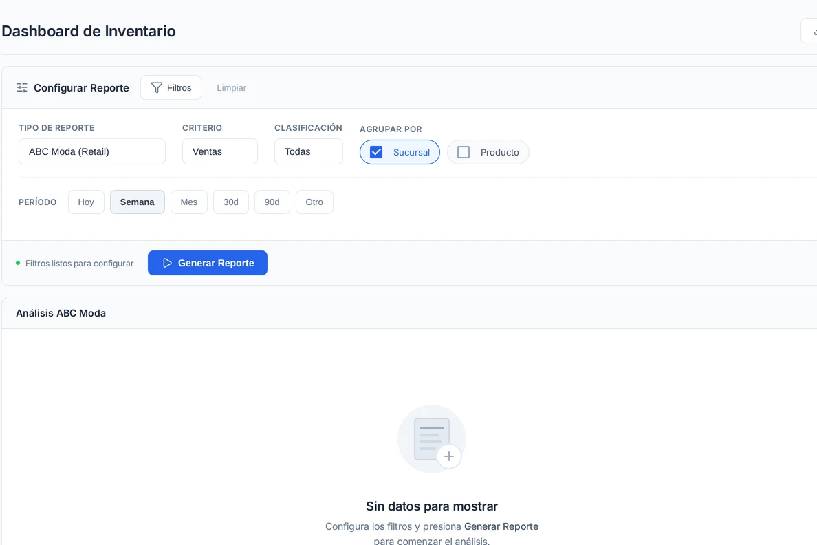 Configurador de reporte de inventario: tipo de análisis, criterio, clasificación, agrupar por y período en SACS