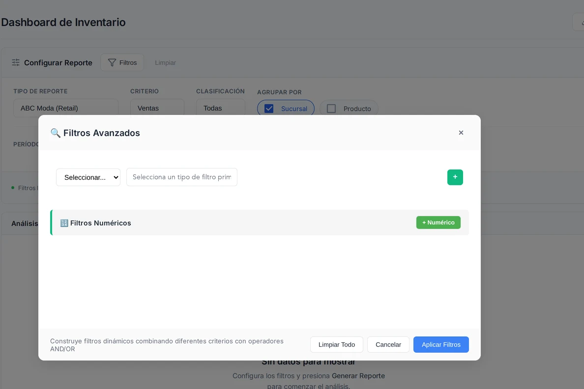 Modal de filtros avanzados del dashboard de inventario en SACS