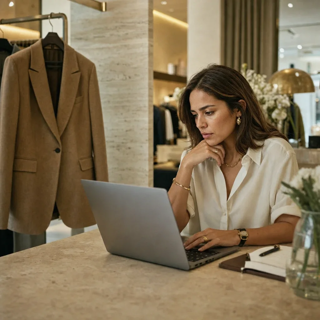 Dueña de boutique revisando su catálogo