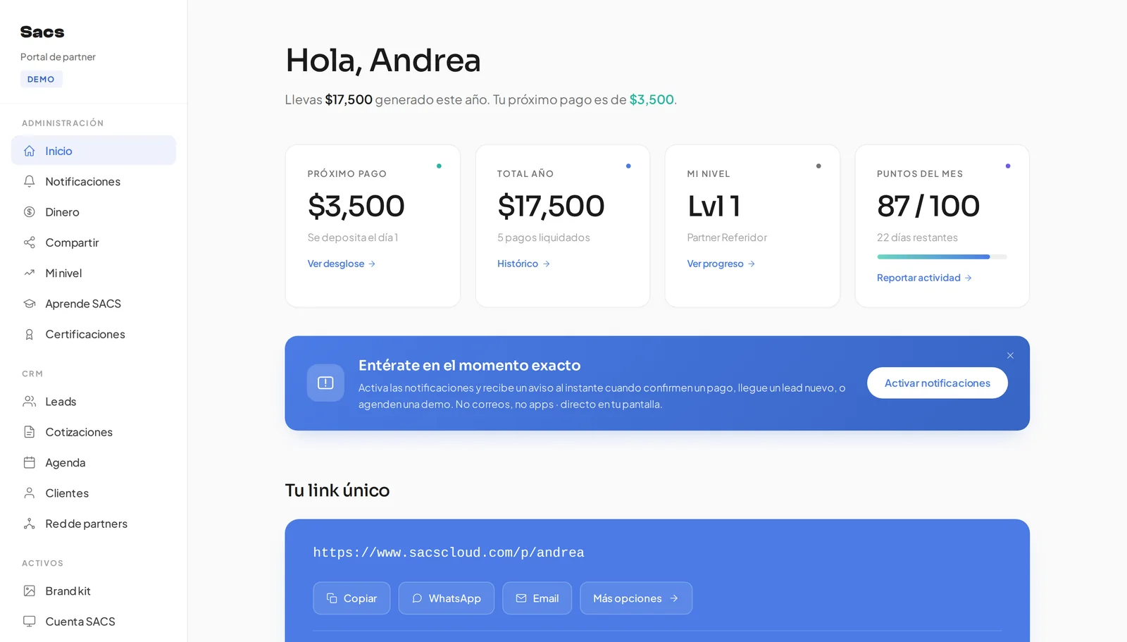 Portal del partner de Sacs con el próximo pago, el nivel, los puntos del mes y el link único