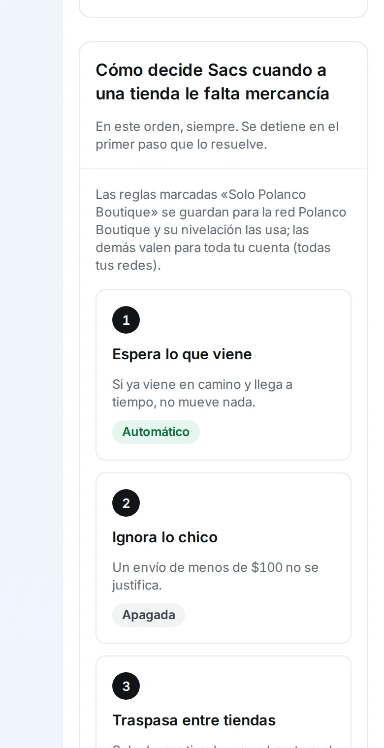 Pantalla Gestor de reglas de Sacs: la configuración al 86 %, las preguntas pendientes del diccionario y cómo decide Sacs cuando a una tienda le falta mercancía