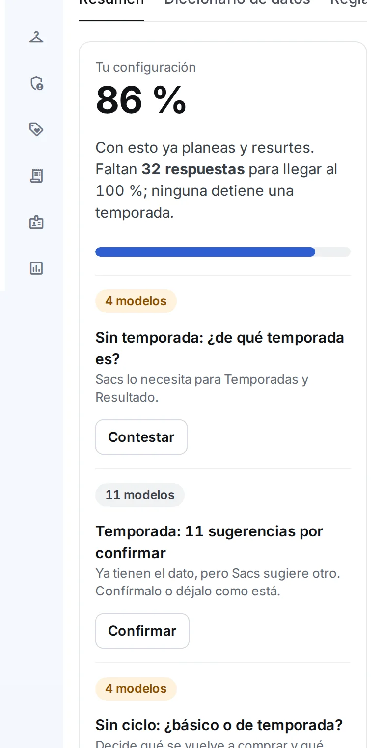 Pantalla Gestor de reglas de Sacs: la configuración al 86 %, las preguntas pendientes del diccionario y cómo decide Sacs cuando a una tienda le falta mercancía