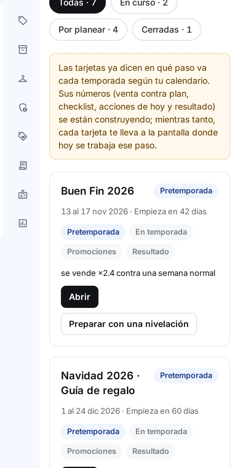 Pantalla Temporadas de Sacs: una tarjeta por temporada o evento con el paso en que va