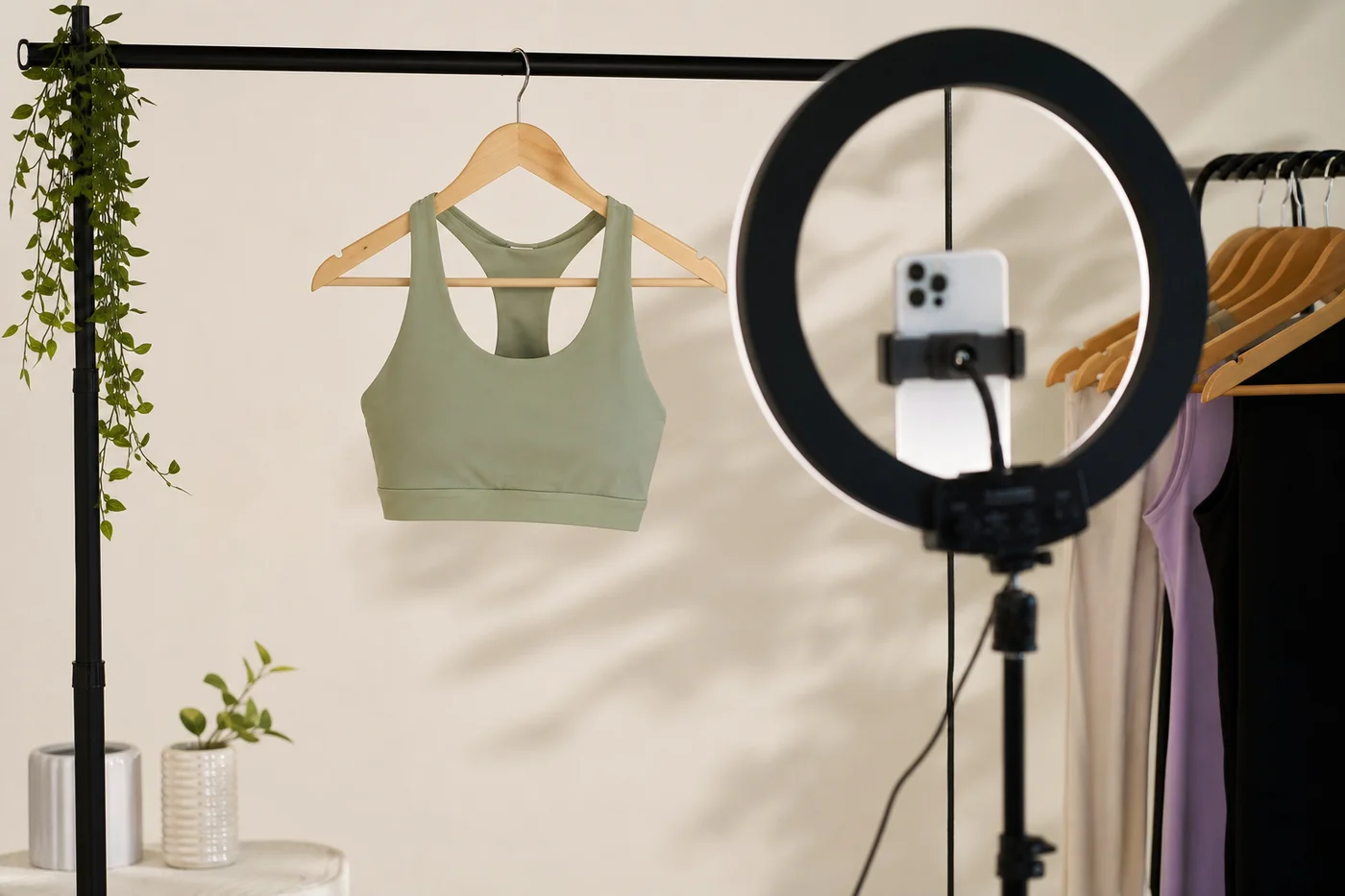 Set de fotos de producto de la marca con fondo limpio y aro de luz para el drop