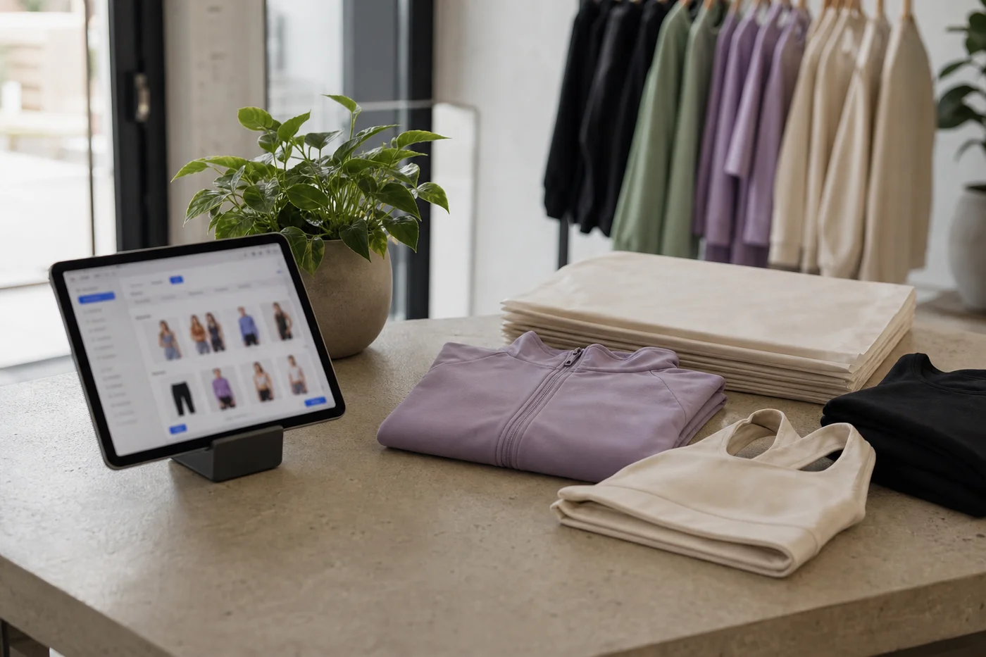 Mostrador del showroom con tablet, bolsas de la marca y un set doblado listo