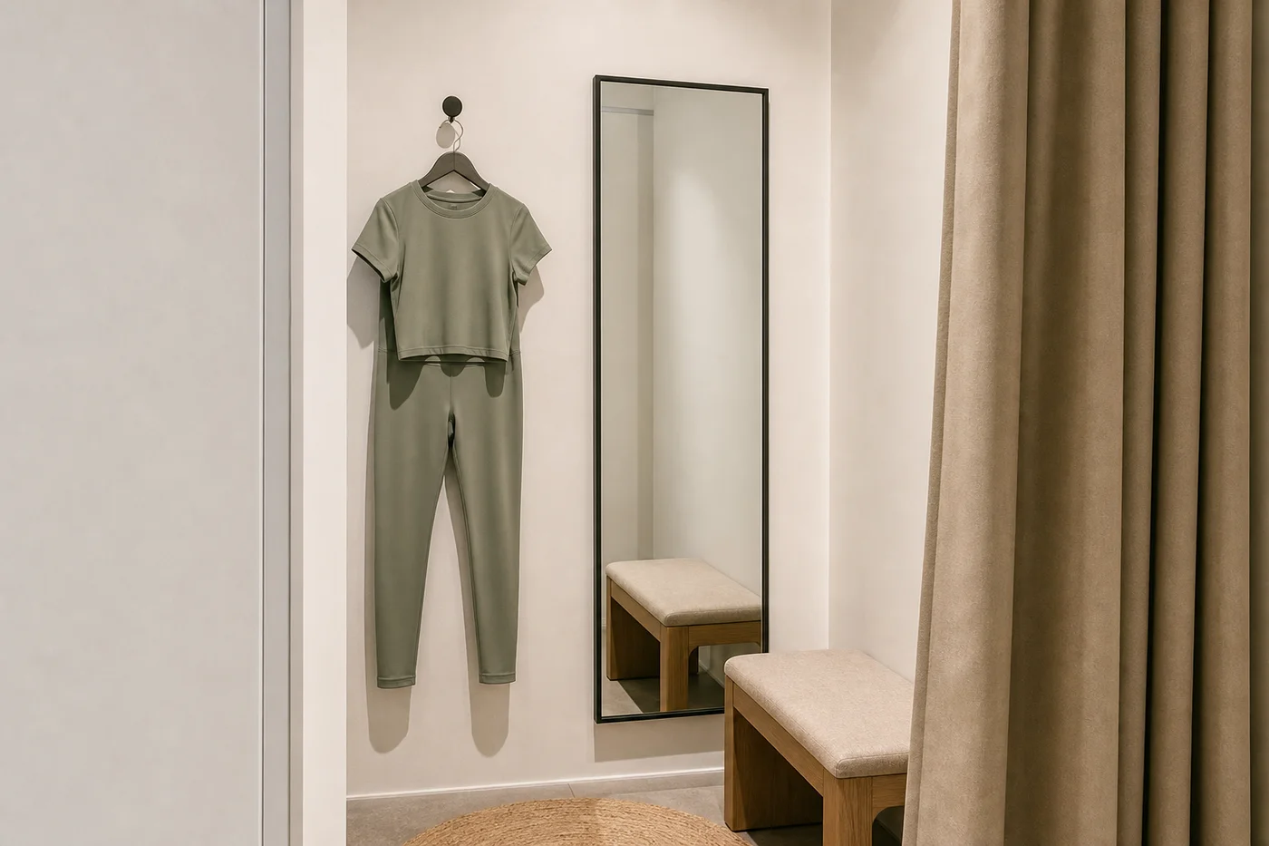 Probadores del showroom con cortina, espejo y gancho con un set deportivo