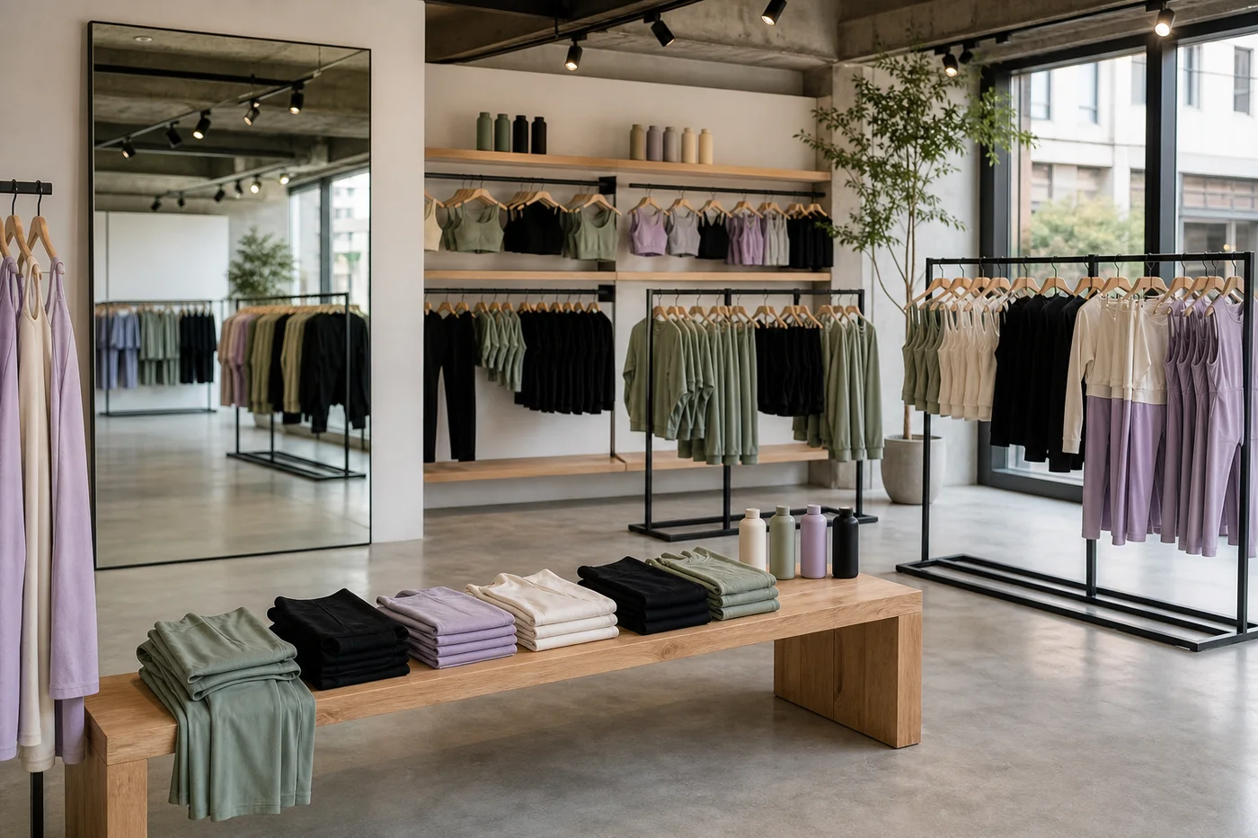 Showroom de una marca de activewear: racks por colorway, espejo grande y banca