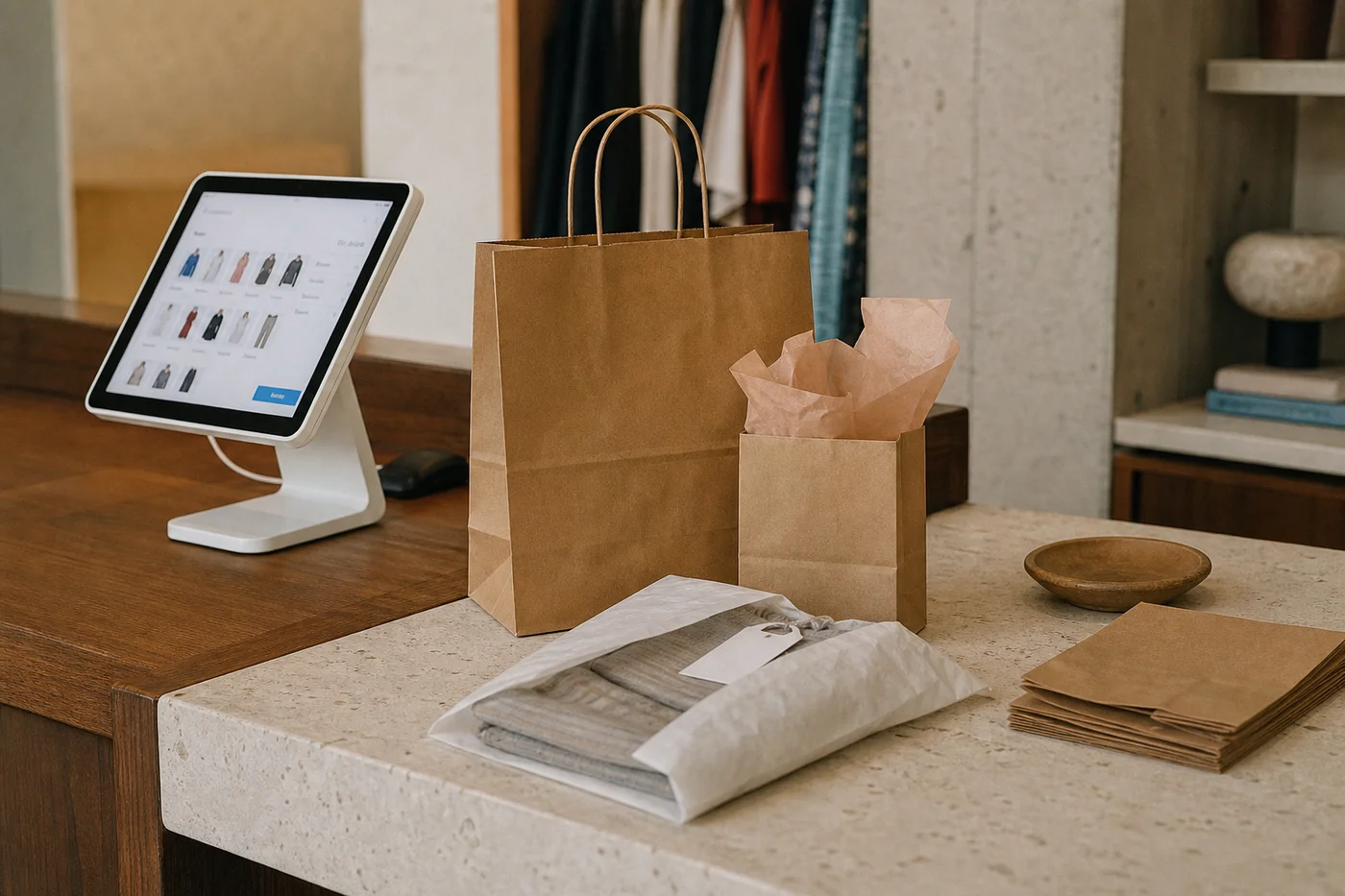 Mostrador de una tienda de consignación con tablet de cobro, bolsas de papel y una pieza en empaque