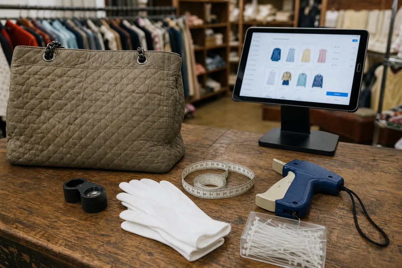 Mesa de valuación con una bolsa de diseñador, lupa, guantes y una tablet para el alta de piezas