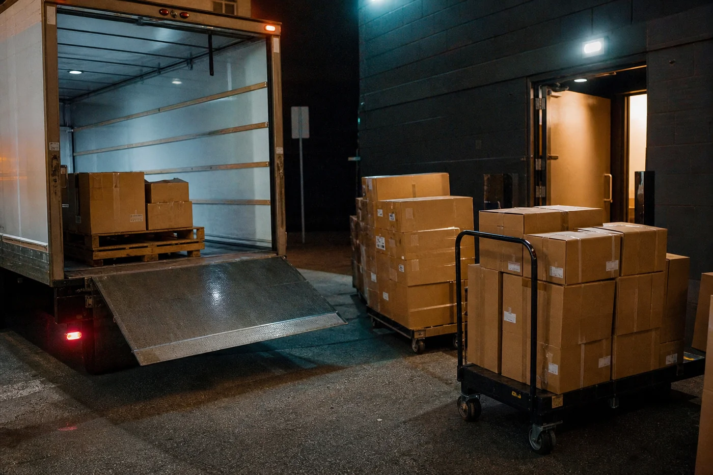 Cajas de mercancía etiquetadas y apiladas en la zona de carga del venue junto al camión de la gira