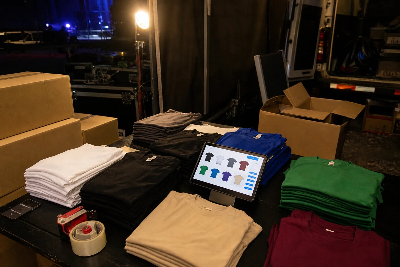 Mesa de empaque de pedidos en línea del artista con cajas y mercancía de la gira