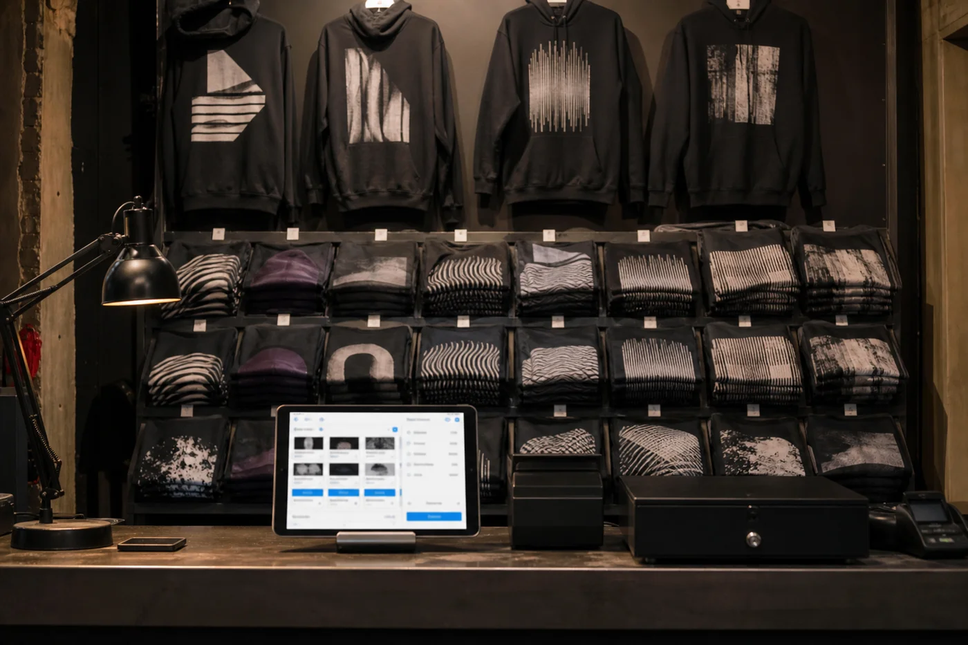 Módulo de merch montado en el venue: pared de playeras colgadas por talla y mostrador de cobro