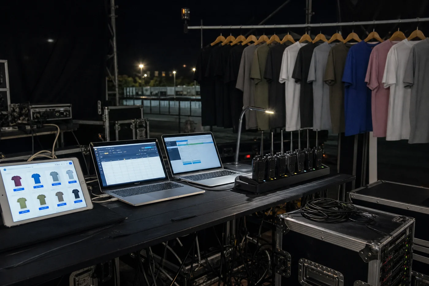 Mesa de producción del evento con laptops, radios y el tablero de la gira en una pantalla
