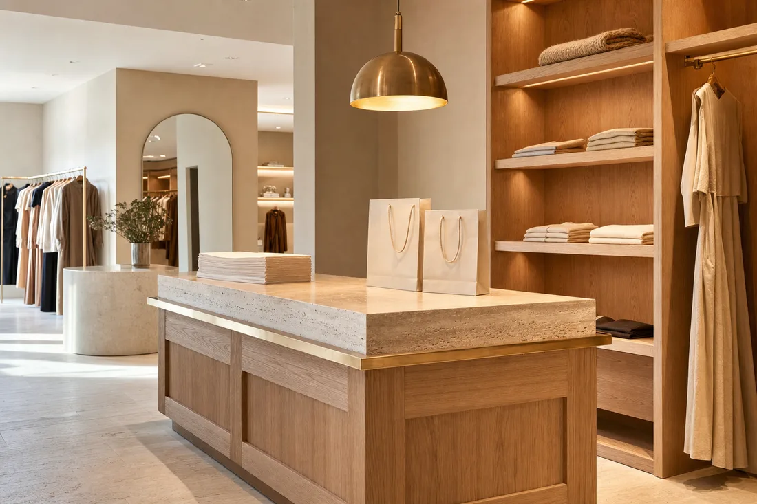 Mostrador de cobro de una boutique en madera y travertino, con bolsas de papel y papel de china