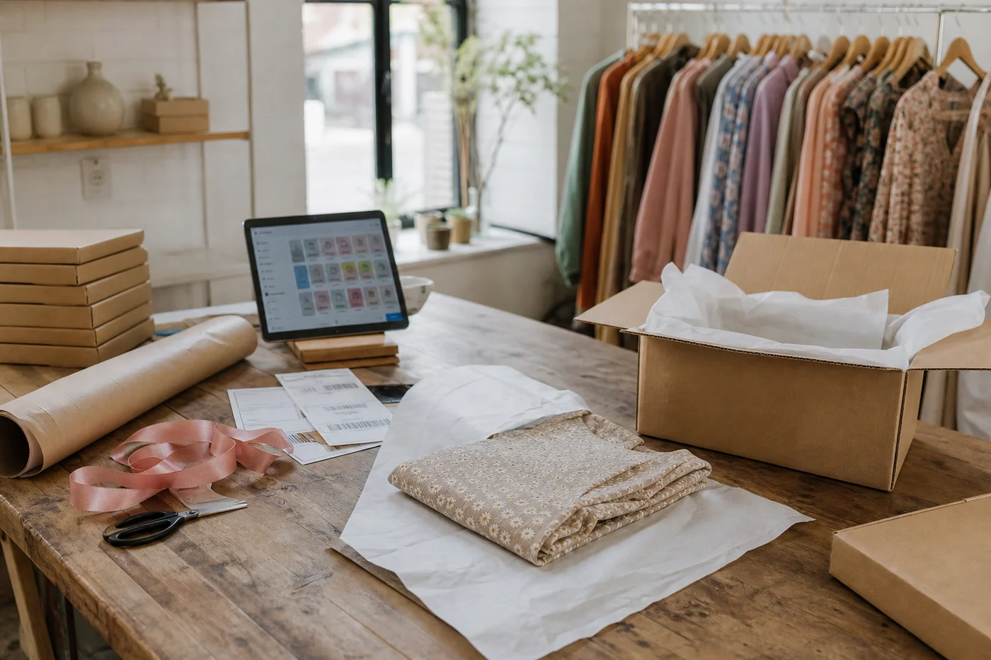 Mesa de empaque de una boutique con pedidos en línea, cajas y papel de china