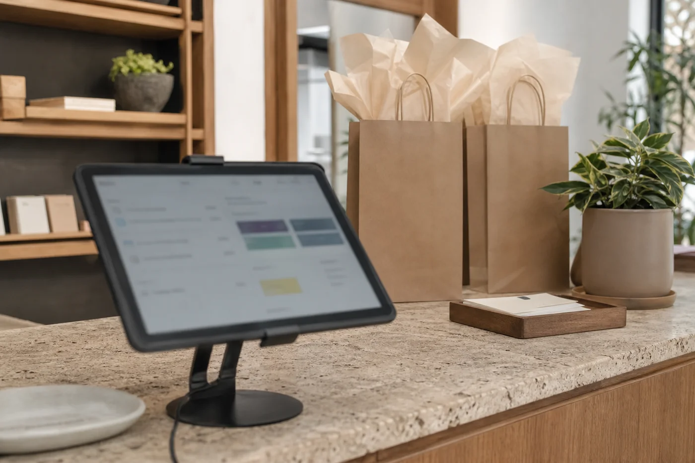 Mostrador de cobro de una boutique multimarca con bolsas de papel y una tablet como punto de venta