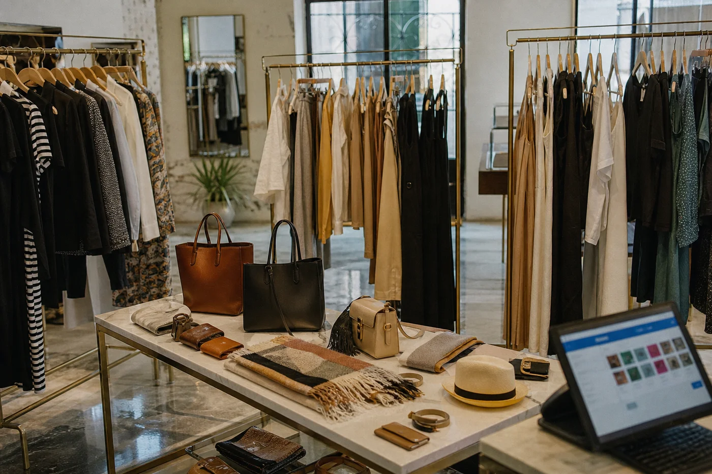 Piso de venta de una boutique multimarca: percheros con prendas de distintas marcas y una mesa de accesorios