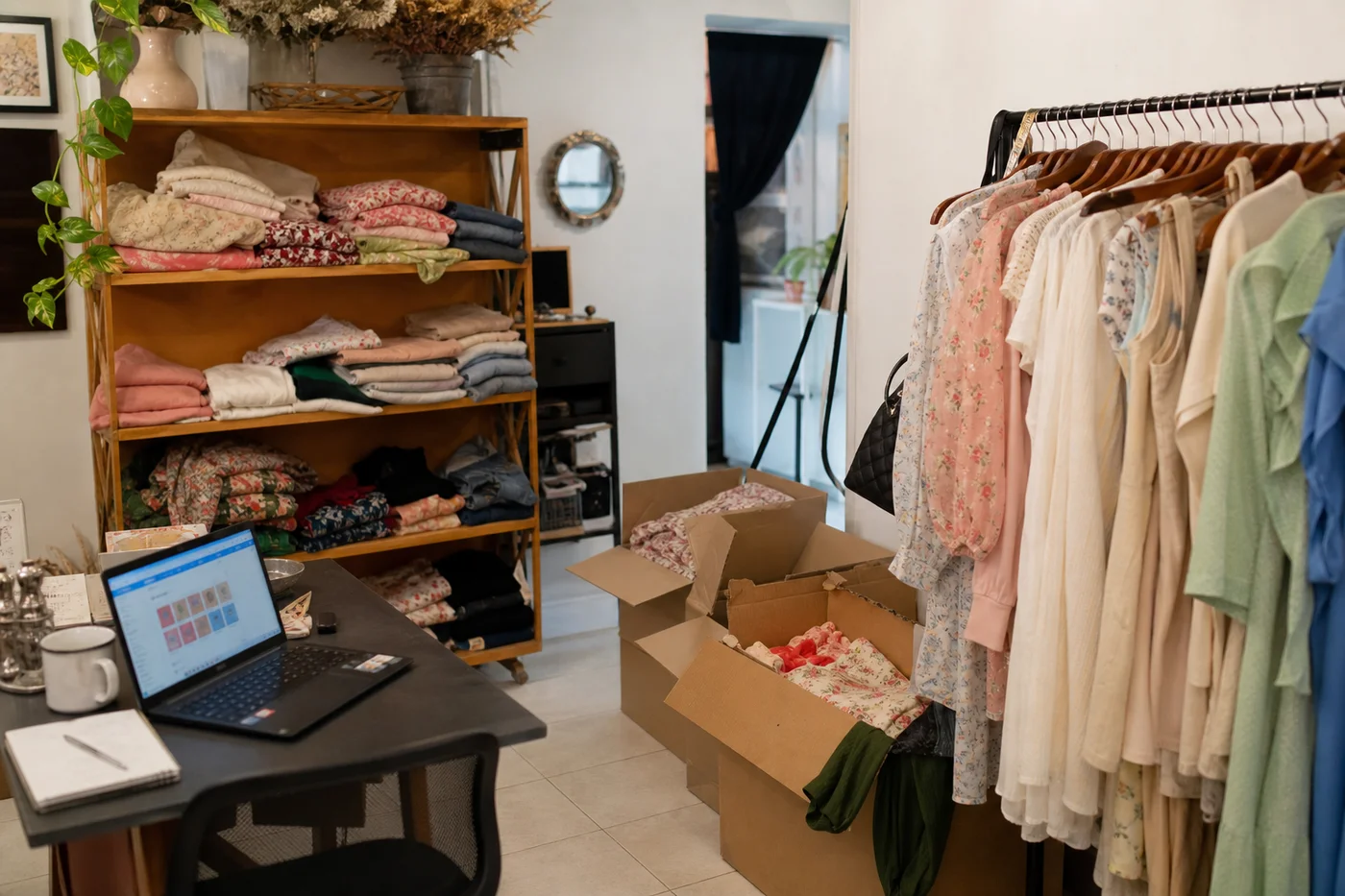 Trastienda de una boutique con cajas de proveedores, prendas por etiquetar y un escritorio con laptop