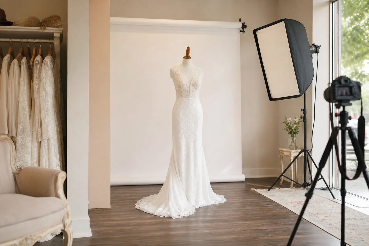 Rincón de la casa con vestidos fotografiados para el catálogo en línea