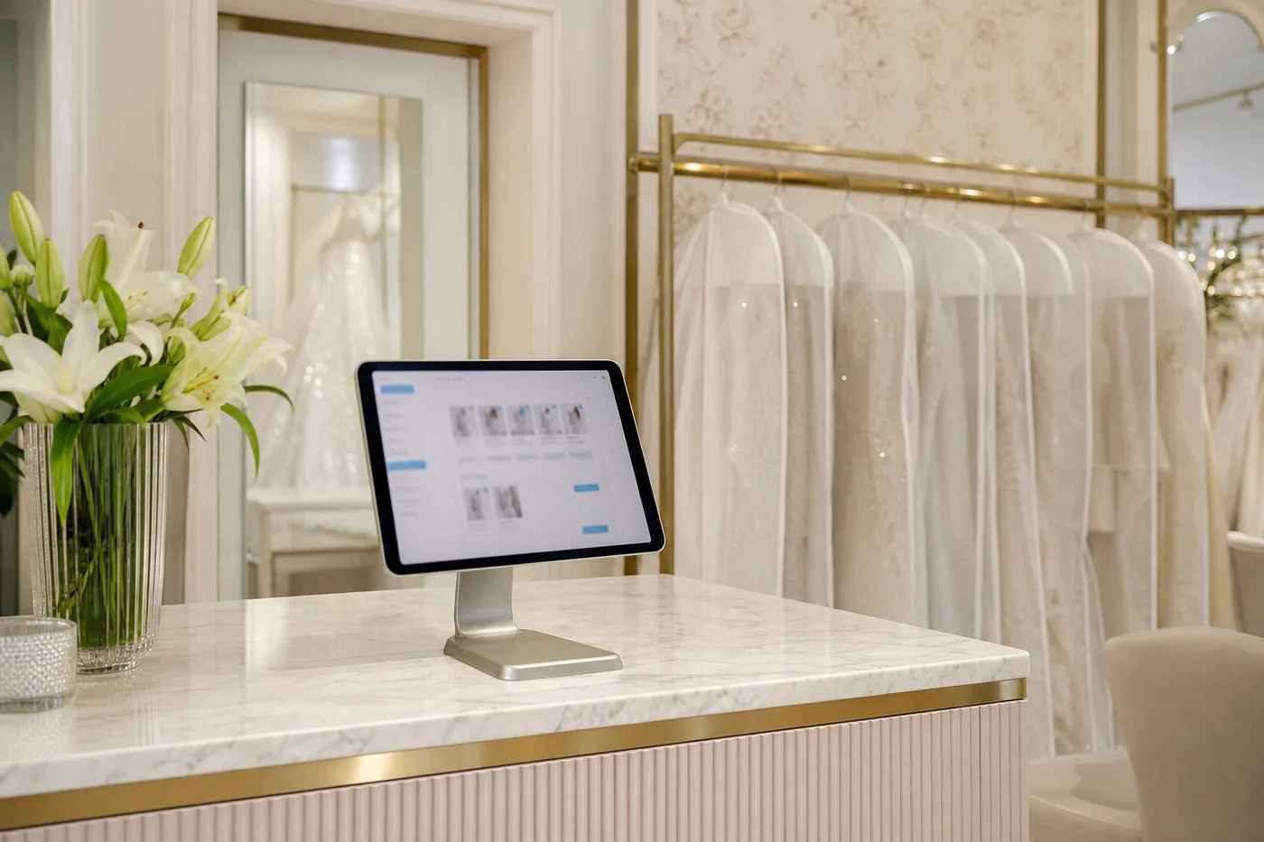 Mostrador elegante de la casa de novias con tablet y fundas de vestido