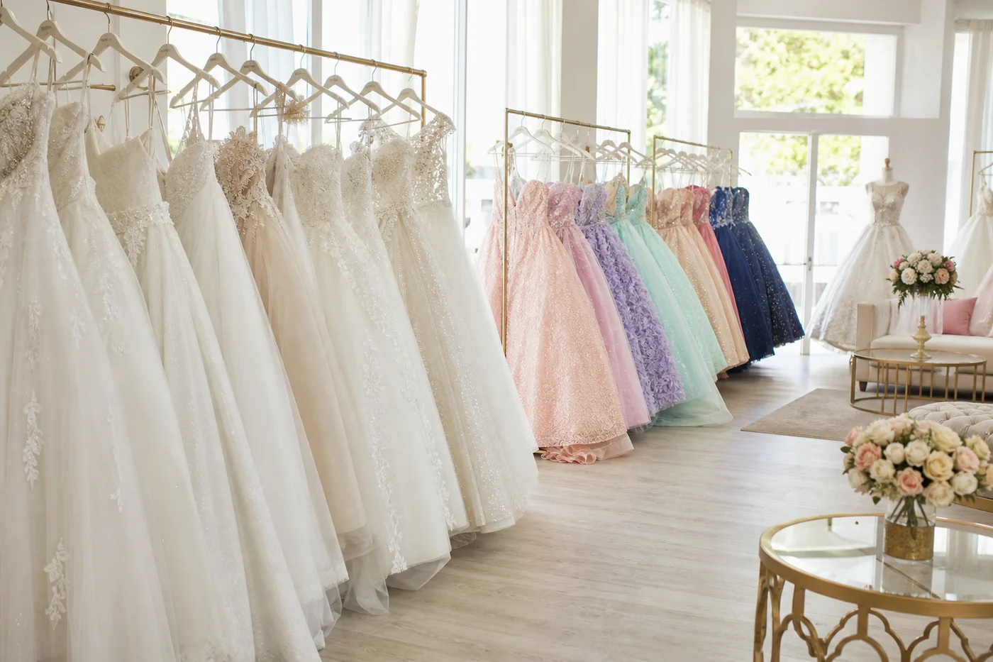 Piso de una casa de novias: vestidos blancos en rieles espaciados y vestidos de XV en color