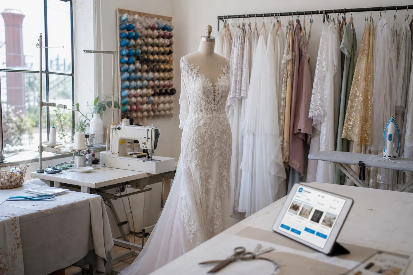 Taller de ajustes con máquina de coser, maniquí y vestidos en proceso