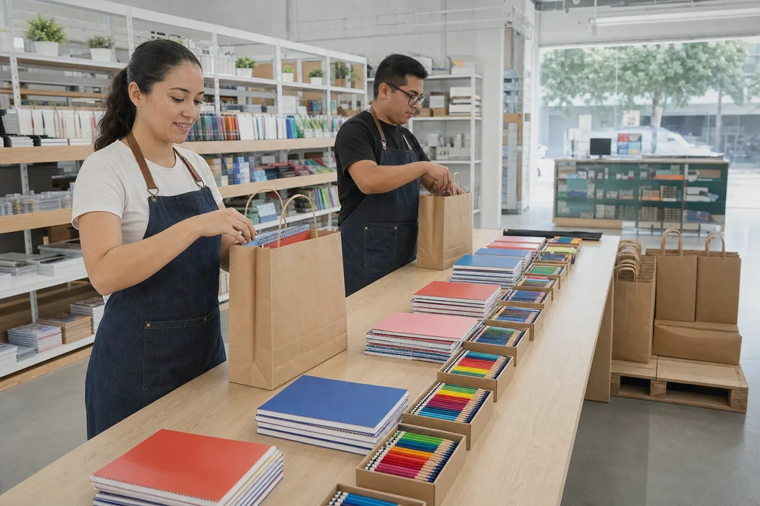 Mesa de armado de paquetes escolares en la trastienda, con dos empleados empacando