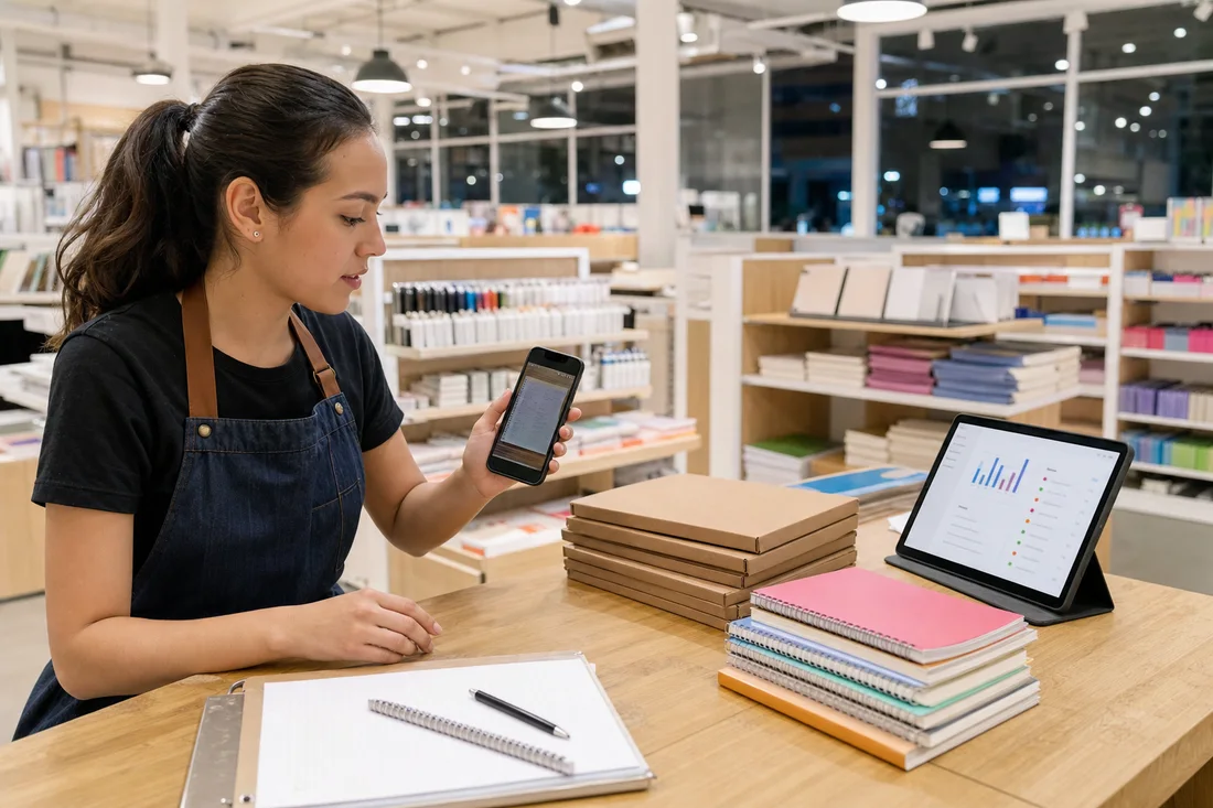 Empleada leyendo en su celular la foto de una lista que llegó de noche, con el inventario abierto en la tablet