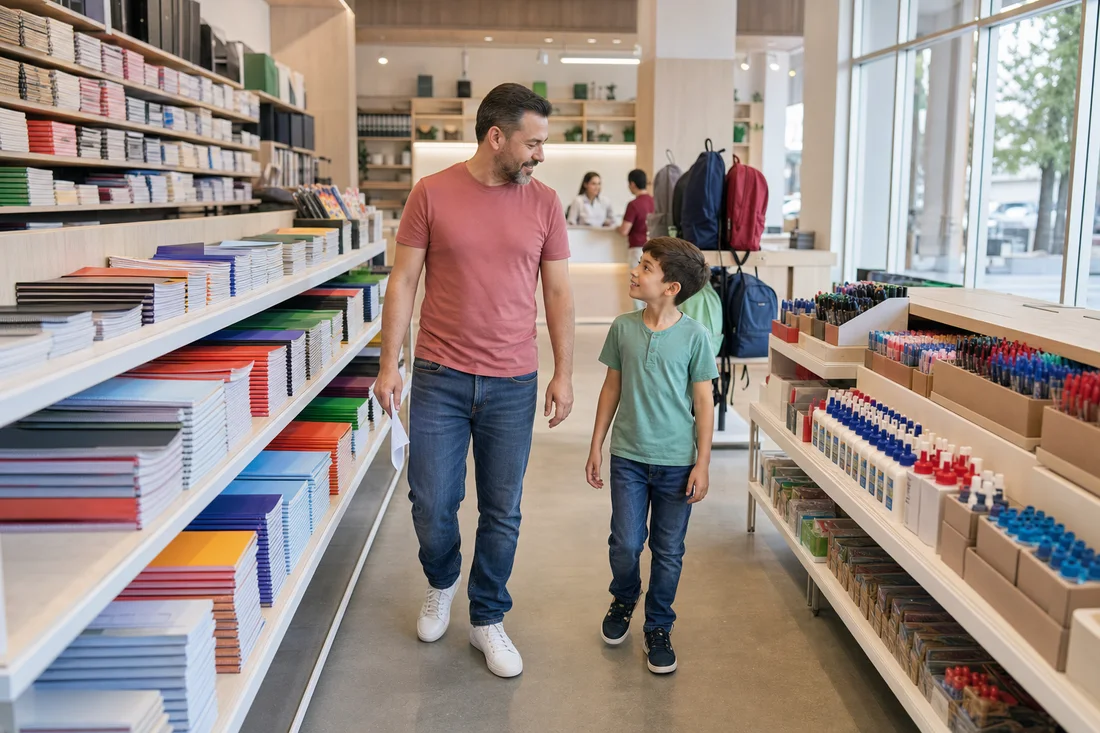 Pasillo de una papelería con góndolas de cuadernos y un papá recorriendo con su lista