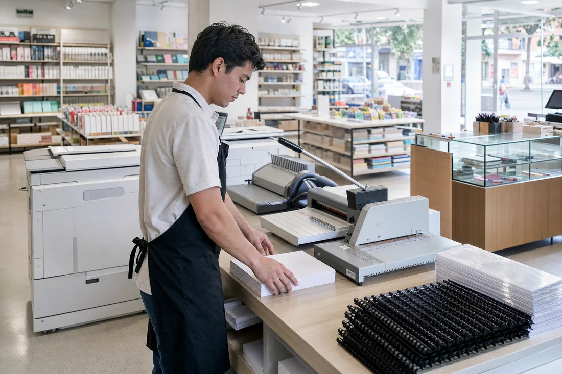 Rincón de servicios de una papelería con copiadora, guillotina y engargoladora