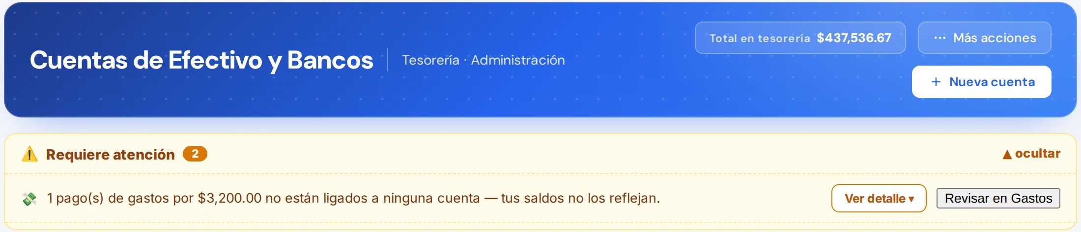 Cuentas de Efectivo y Bancos: el total en tesorería arriba y «Requiere atención», con un pago de gastos que no está ligado a ninguna cuenta