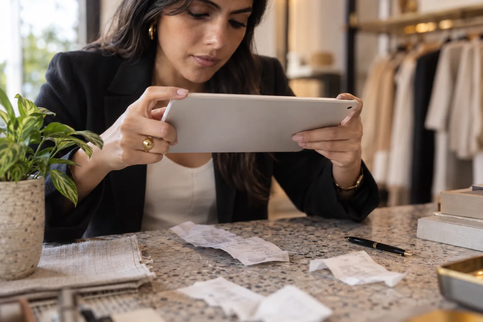 La encargada de la boutique le toma foto a un recibo con la tablet, sobre el mostrador