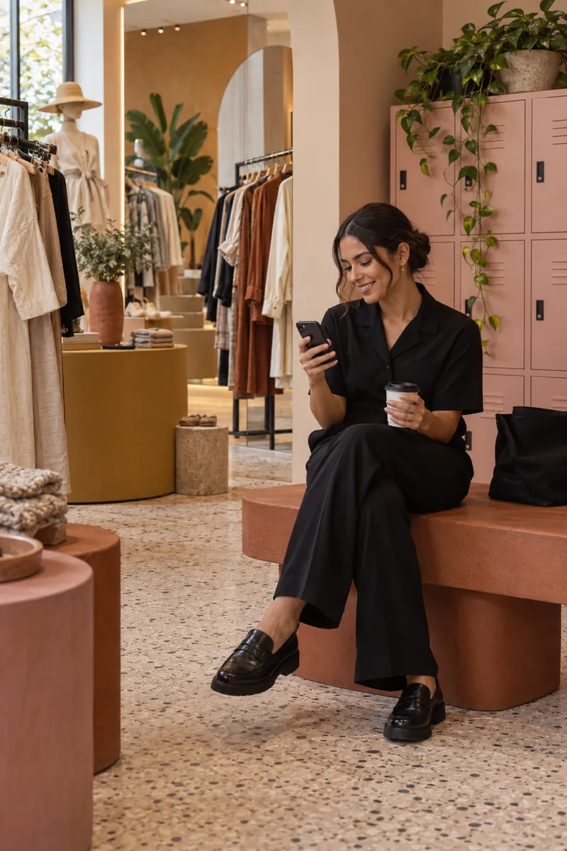 Una vendedora en su descanso revisa su celular en el cuarto de personal de la boutique
