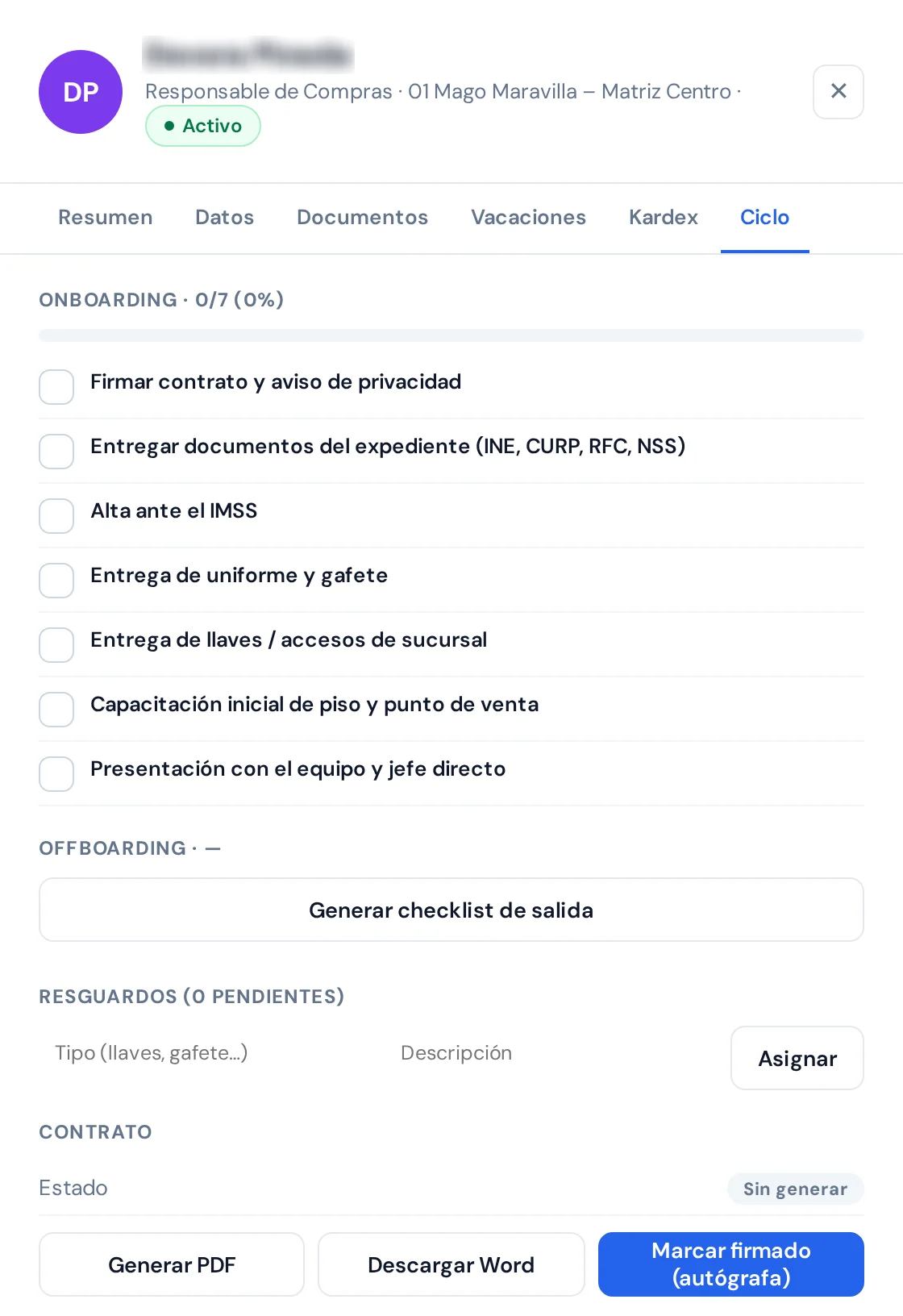 El expediente de una colaboradora, pestaña Ciclo