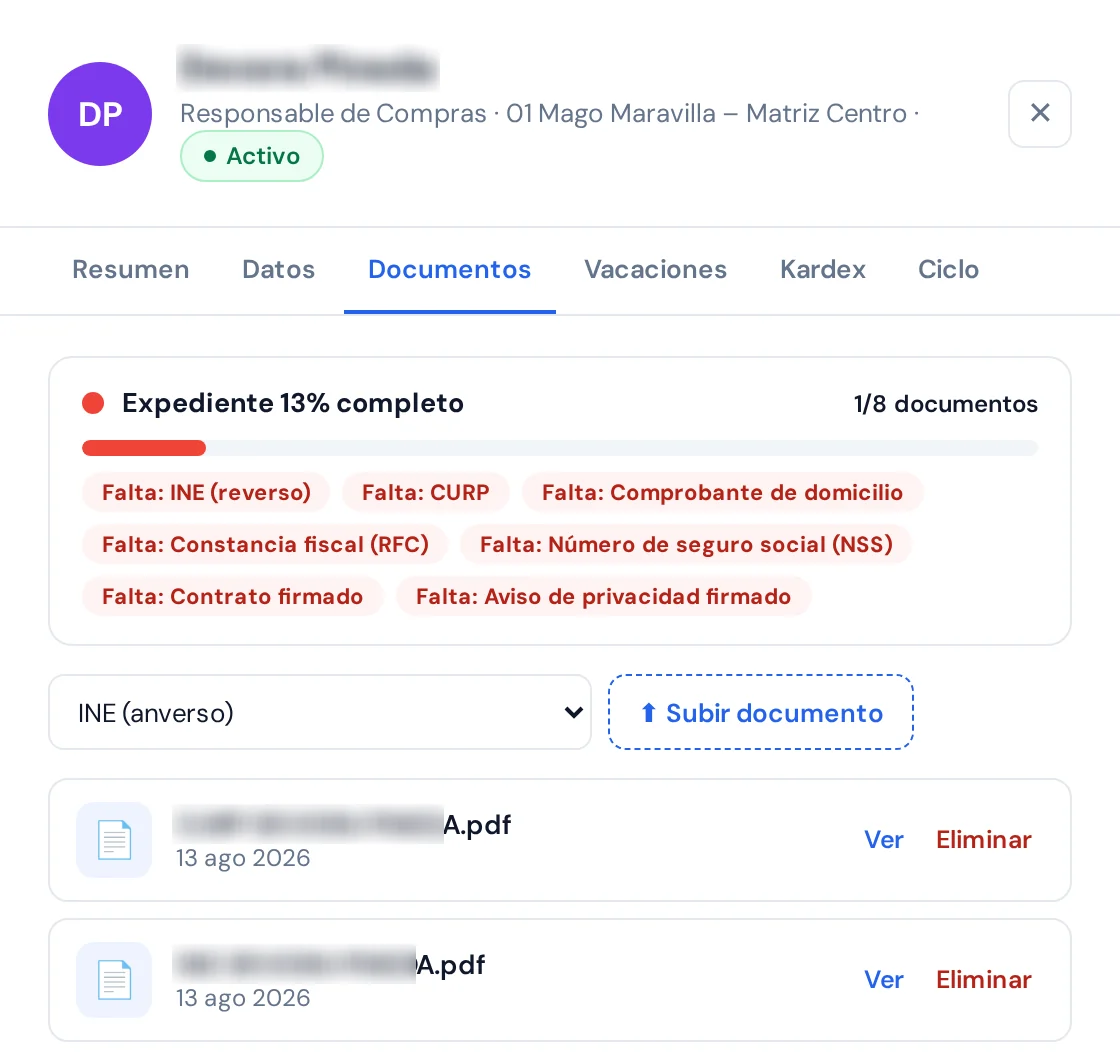 El expediente de una colaboradora, pestaña Documentos