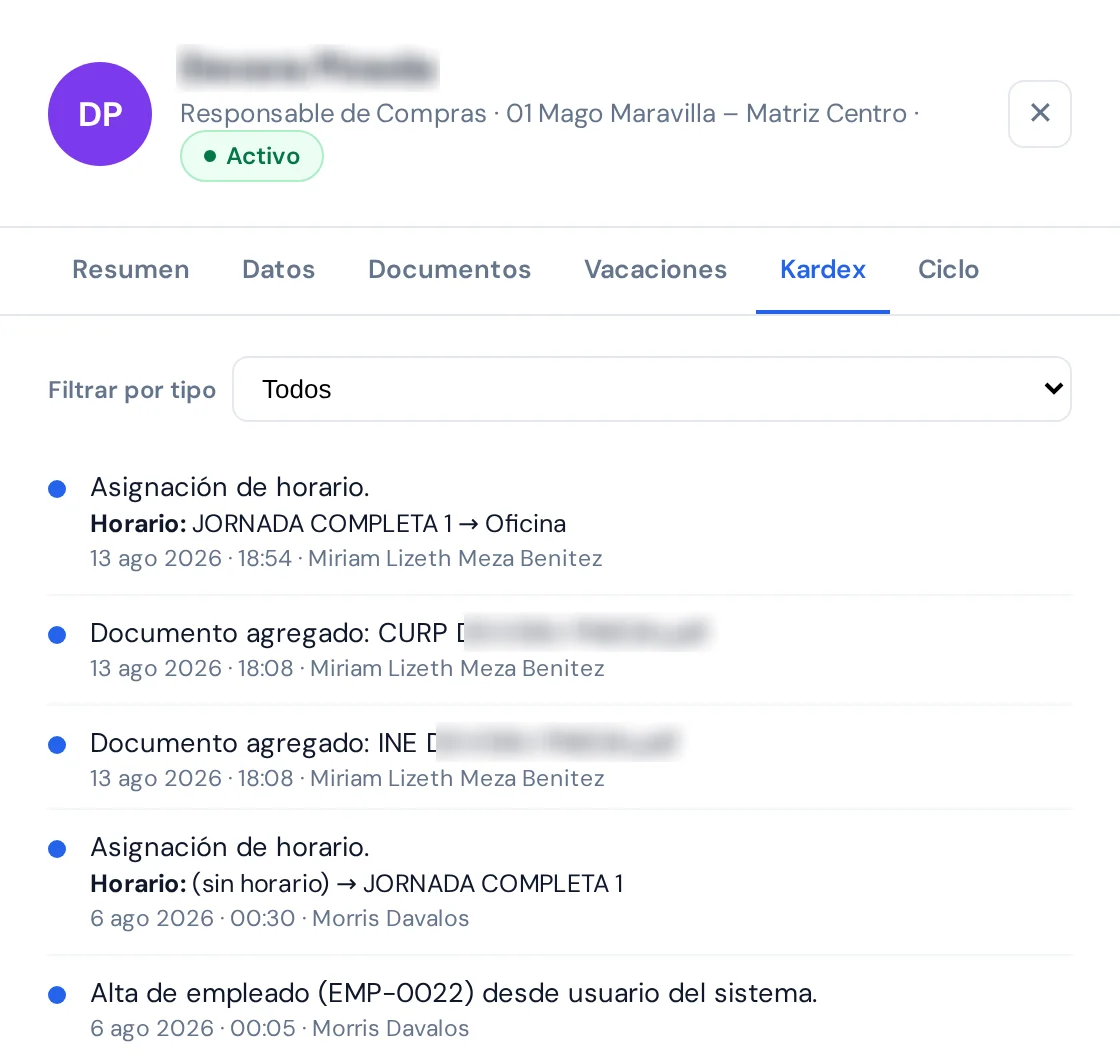 El expediente de una colaboradora, pestaña Kardex