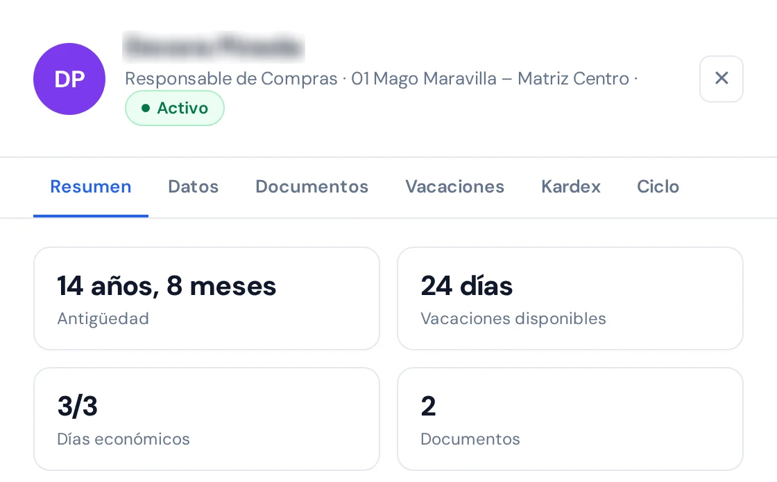 El expediente de una colaboradora, pestaña Resumen