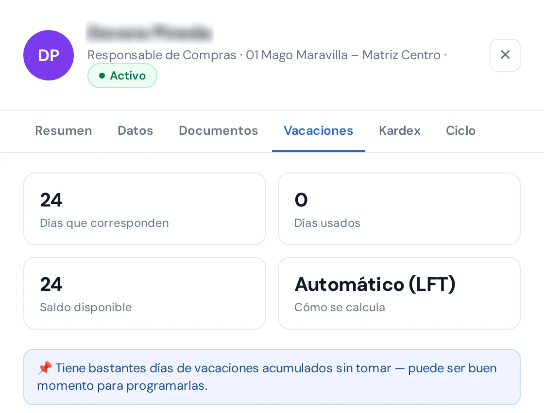 El expediente de una colaboradora, pestaña Vacaciones