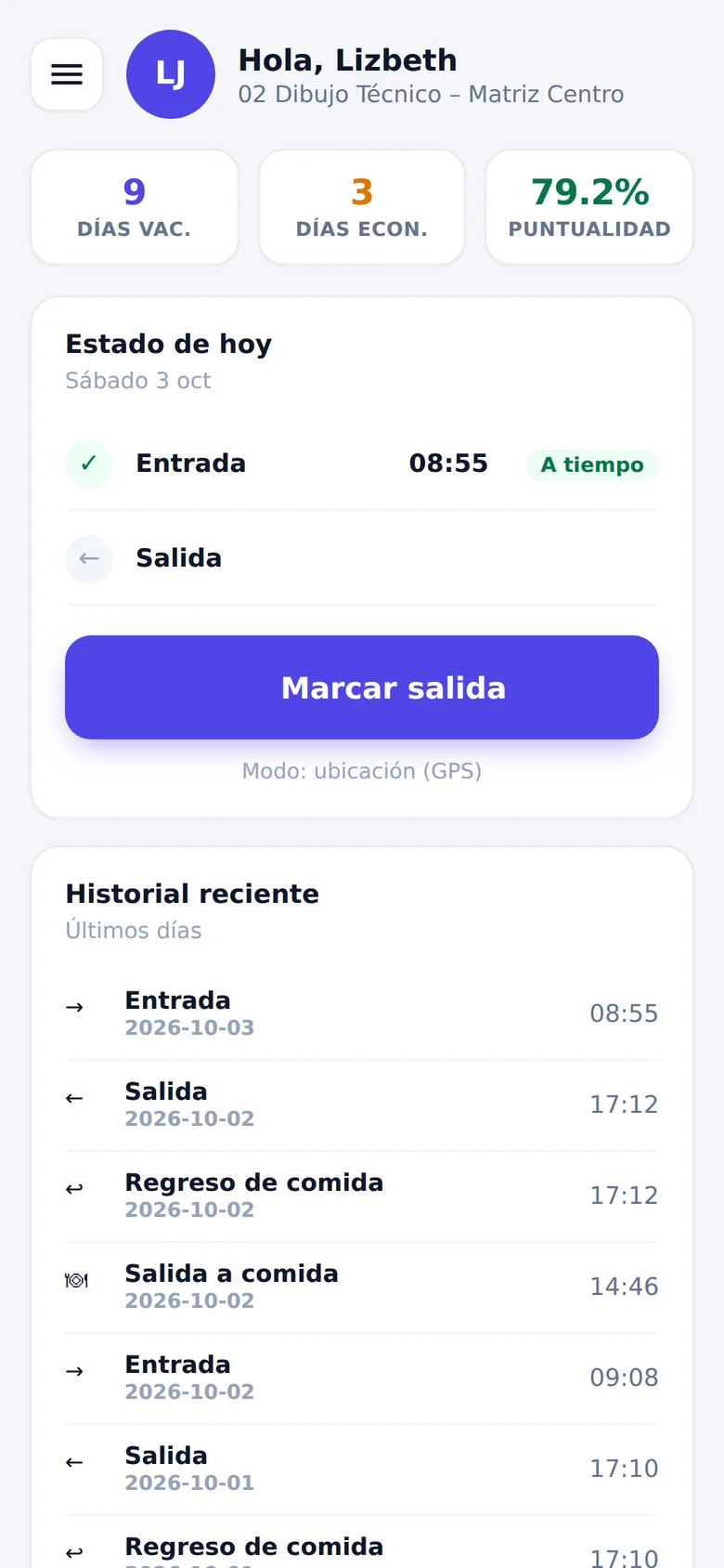 Mi Asistencia: 9 días de vacaciones, 3 días económicos, 79.2 % de puntualidad, la entrada de hoy a las 08:55 a tiempo y el botón Marcar salida