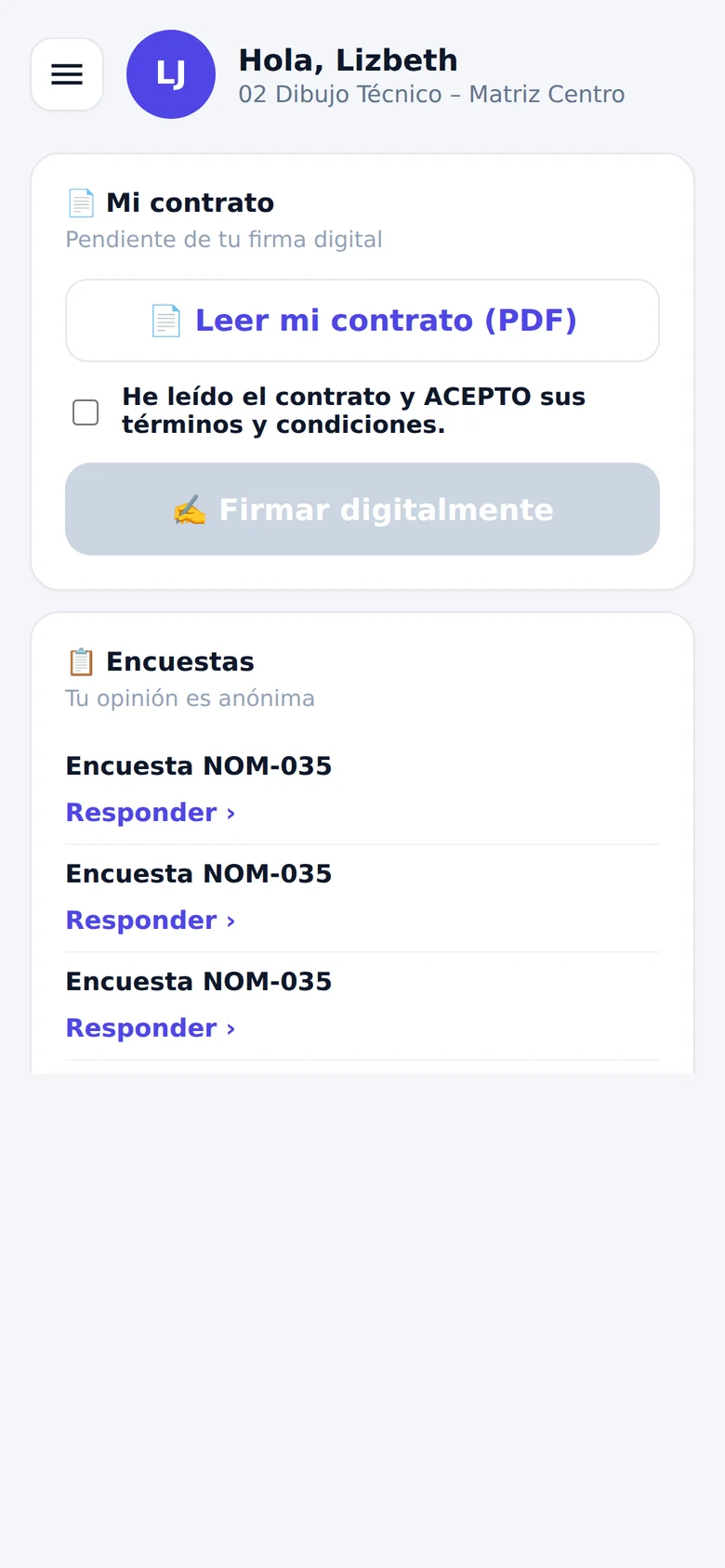 Mi contrato pendiente de firma digital y encuestas NOM-035 por responder
