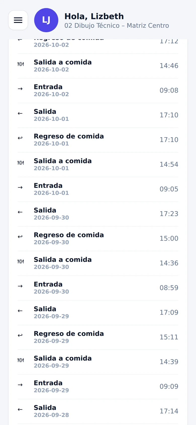 El historial reciente: cada entrada, salida a comida, regreso y salida con su hora