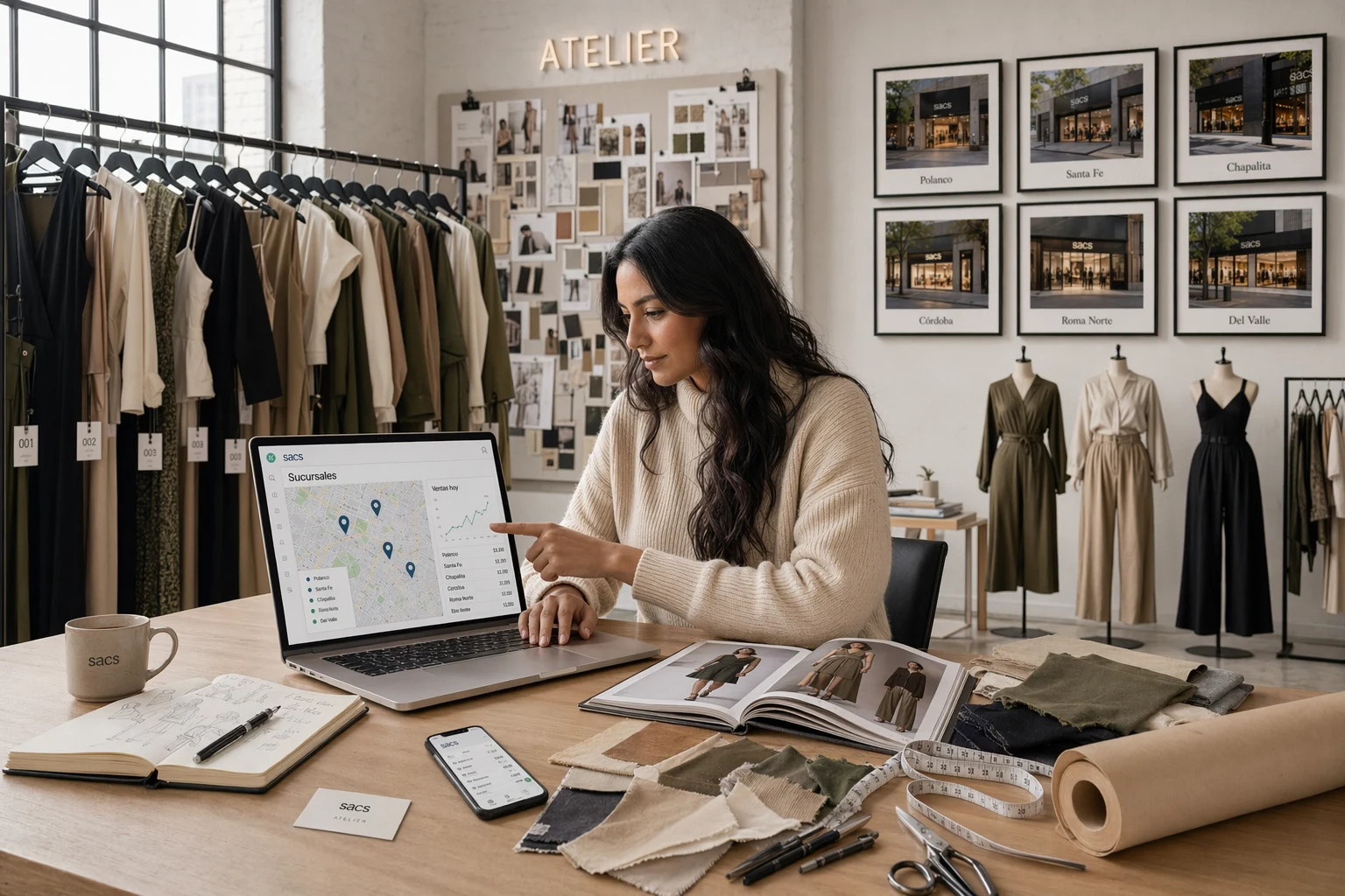 Dueña revisando ventas de todas sus sucursales desde laptop fuera del negocio
