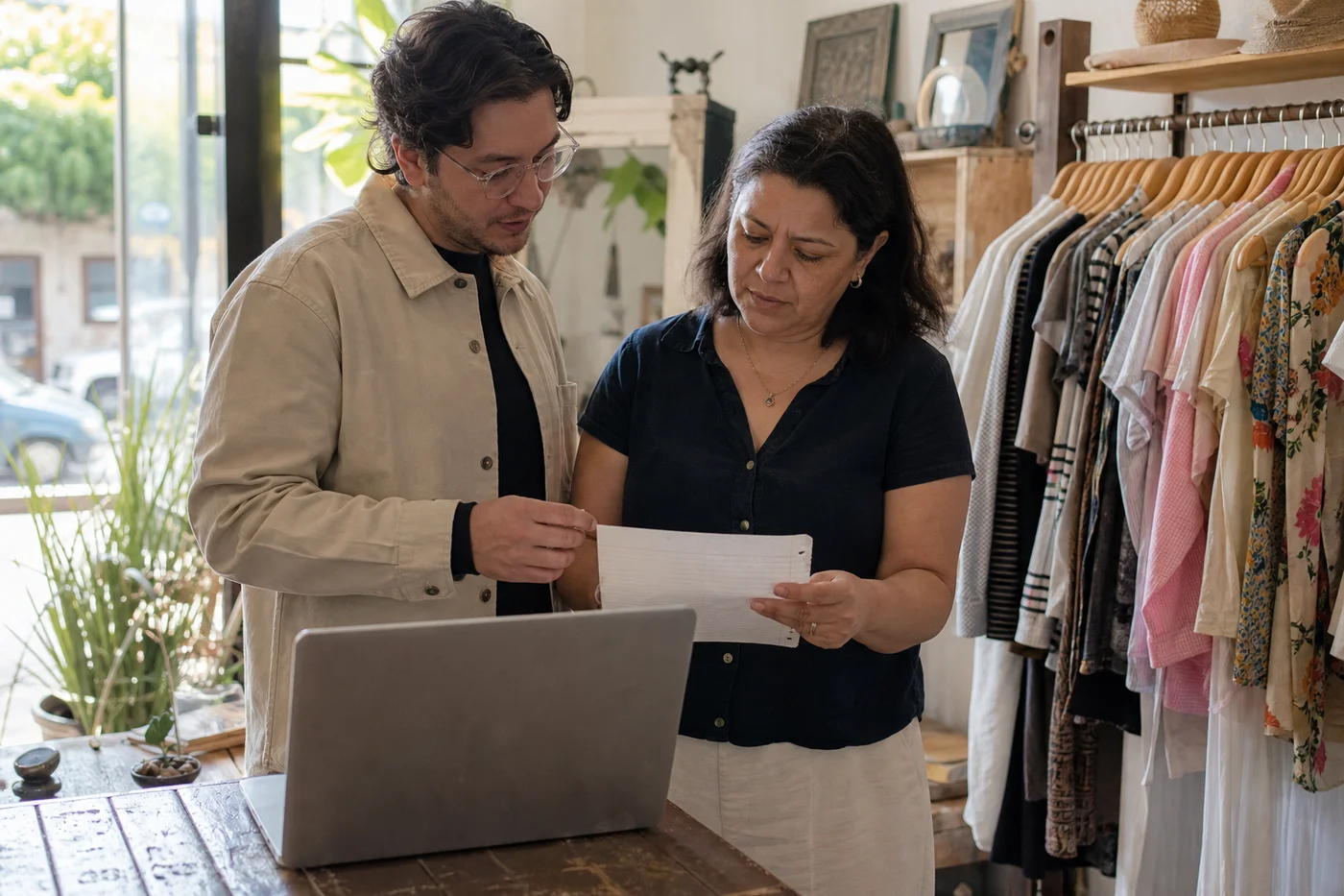 Consultor con laptop y la dueña revisando la lista de piezas consignadas junto al perchero