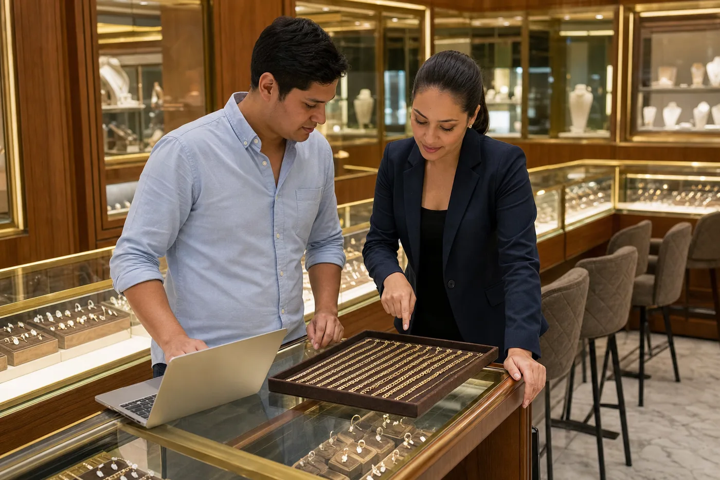 Consultor con laptop y una vendedora revisando una charola de cadenas de oro sobre el mostrador