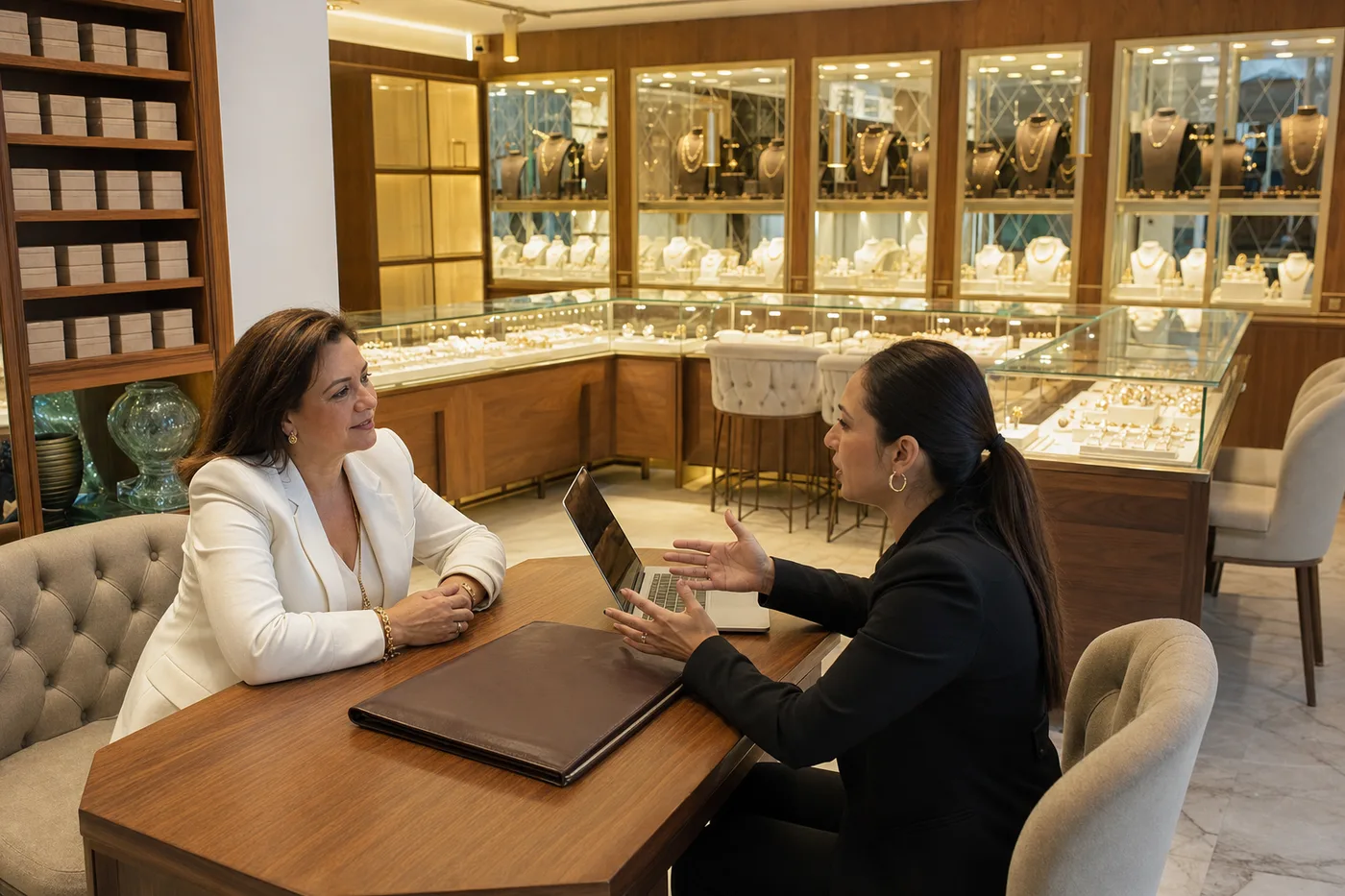 Dueña de una joyería y un consultor revisando la configuración en la oficina