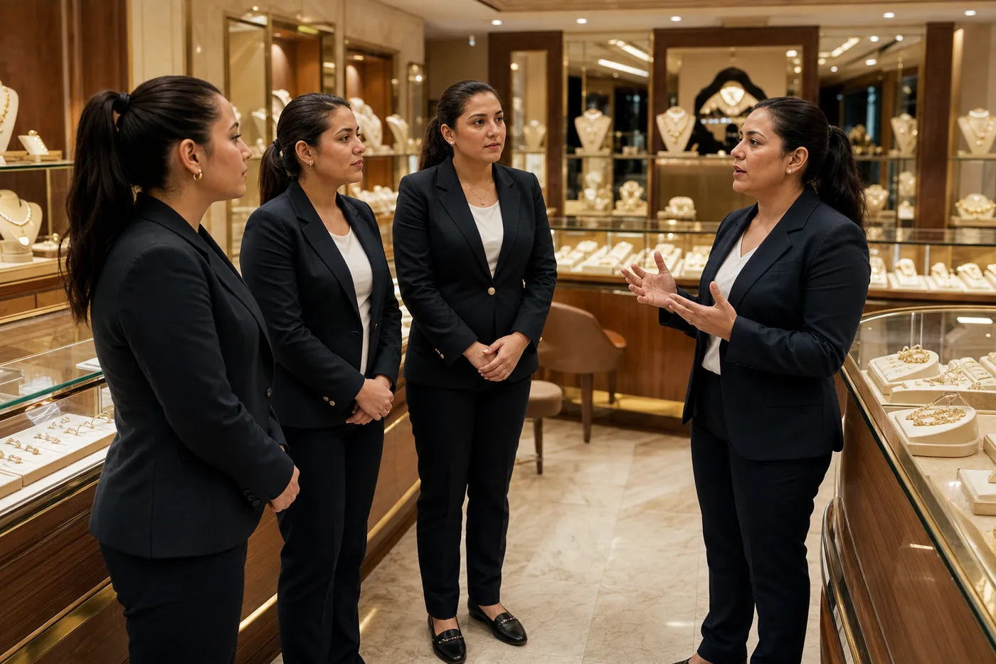 Equipo de una joyería en capacitación alrededor del mostrador antes de abrir