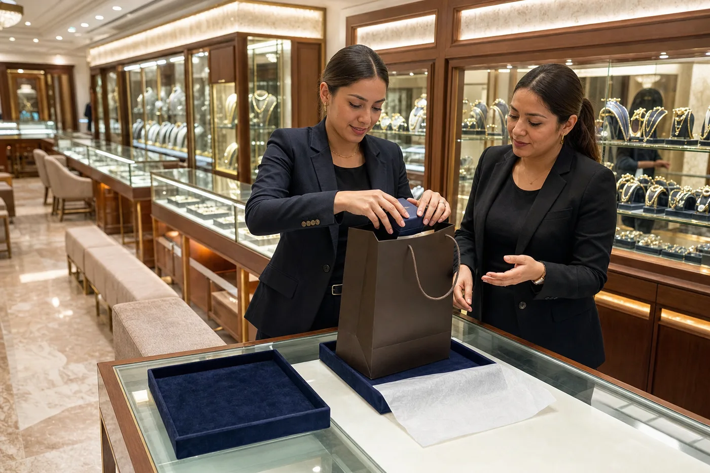Vendedora empacando una pieza en su estuche acompañada por una compañera el primer día