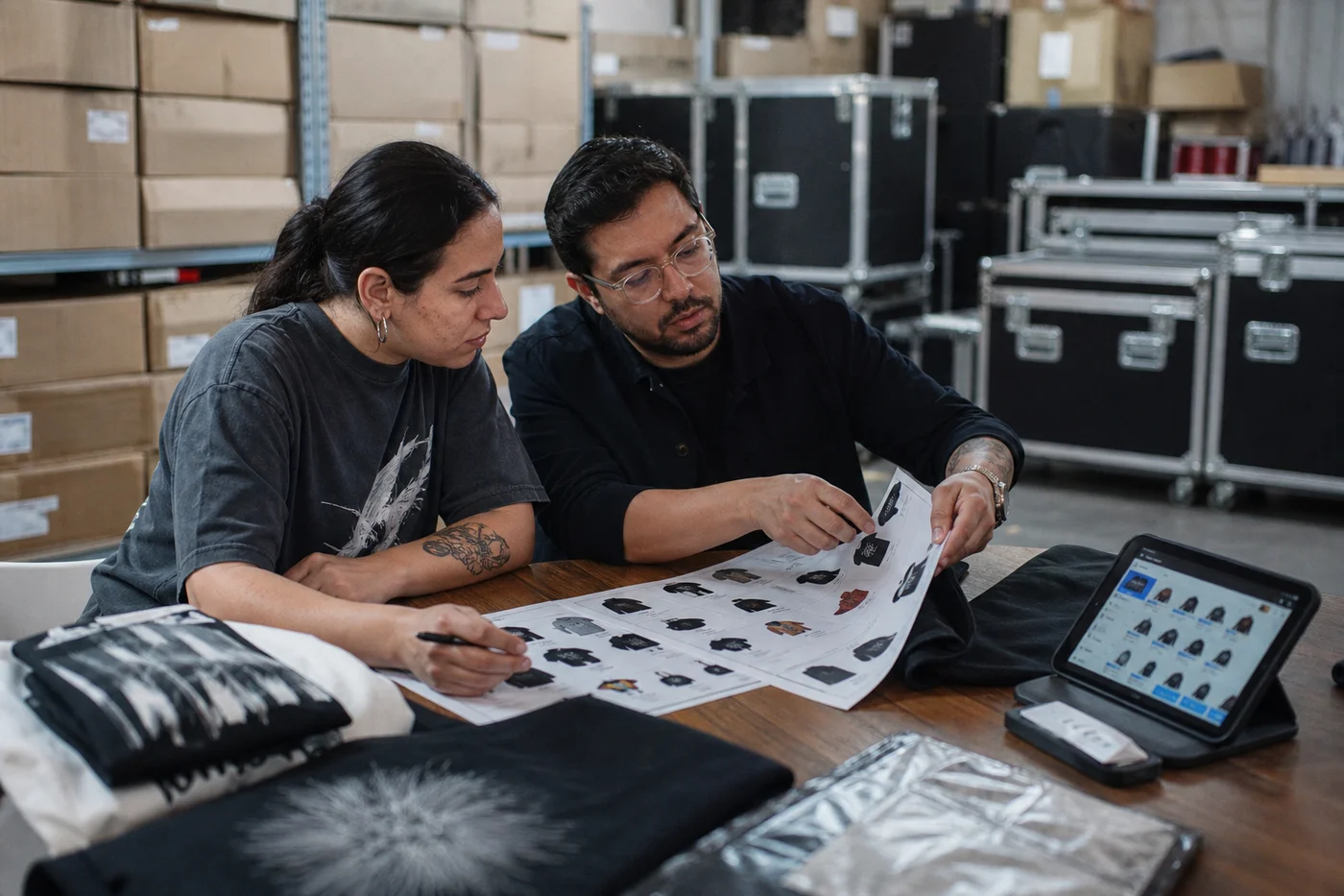 Equipo de producción revisando la lista de productos de la gira con un consultor y una laptop