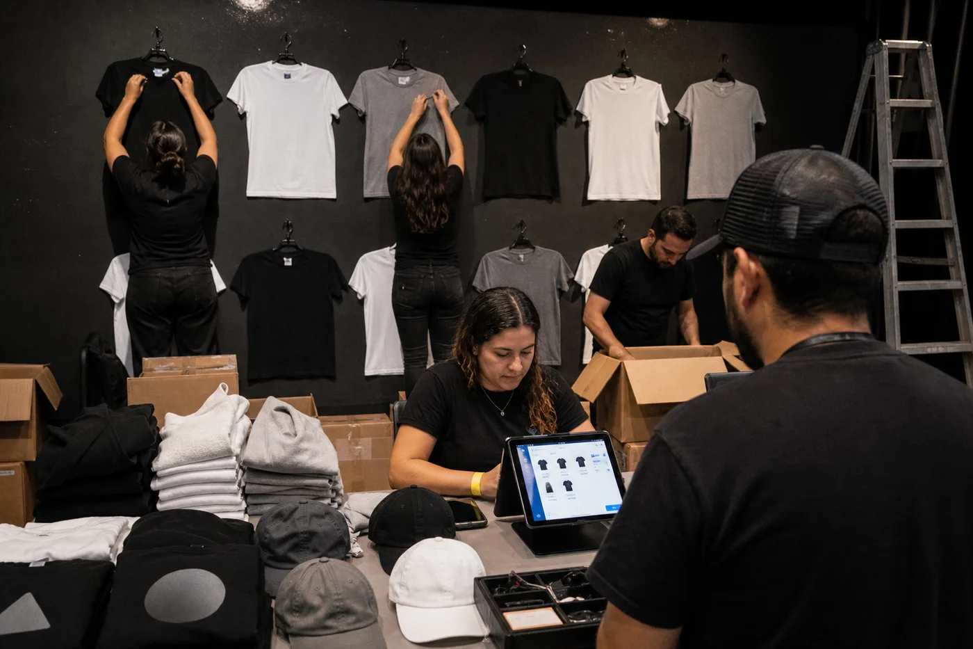 Módulo de merch montándose en el venue con cajas etiquetadas y mercancía colgándose