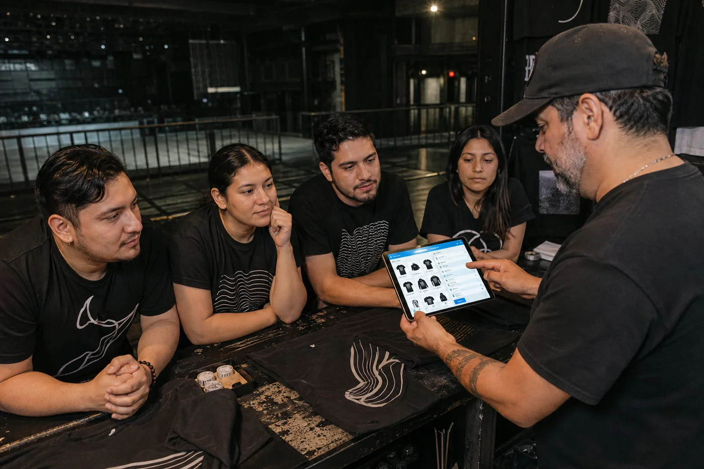 Staff del evento en capacitación rápida alrededor del módulo antes de abrir puertas